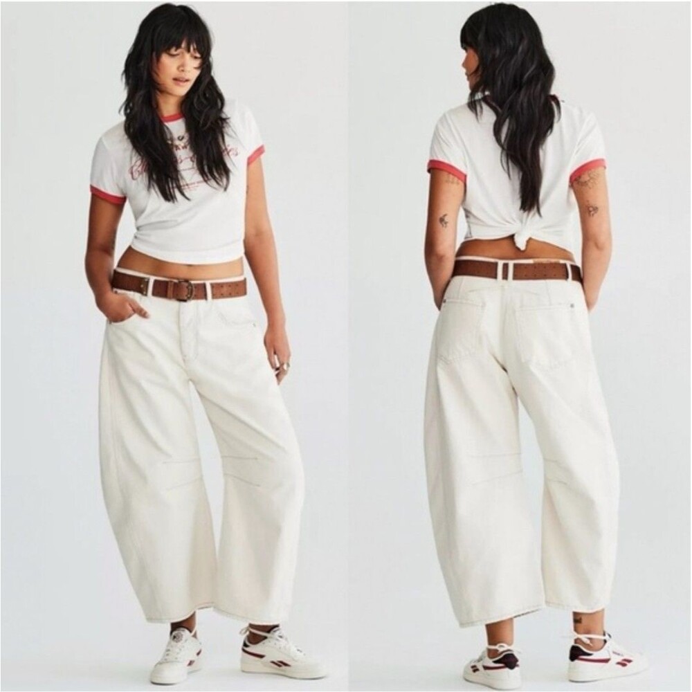 We The Free Women’s Jeans 32 Cream Milk Good Luck Mid-rise Barrel Baggy Loose - Picture 2 of 12